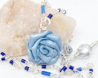 Pearl Blue Rose Necklace, Polymer Clay Jewelry