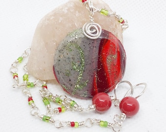 Red and Granite Glitter Necklace, Silver Wire Wrapped Jewelry, Polymer Clay Pendant