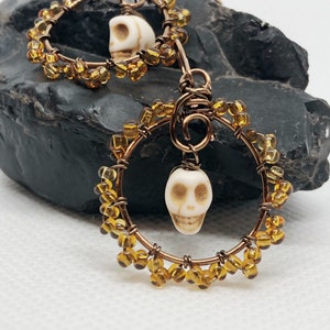 Bone Skull Hoops, Antique Bronze Wire Wrapped Earrings, Halloween Jewelry