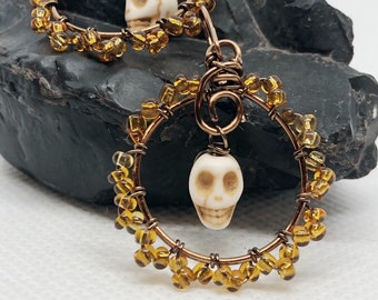 Bone Skull Hoops, Antique Bronze Wire Wrapped Earrings, Halloween Jewelry