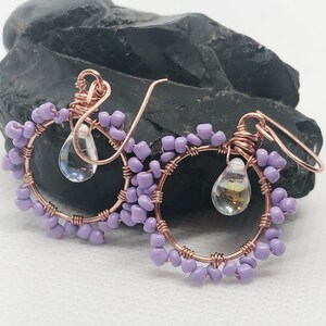 Lavender Floral Hoops, Copper Wire Wrapped Earrings