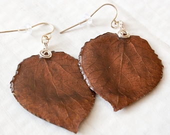 Brown Aspen Leaf Earrings, Bridesmaid Jewelry, Nature Earrings