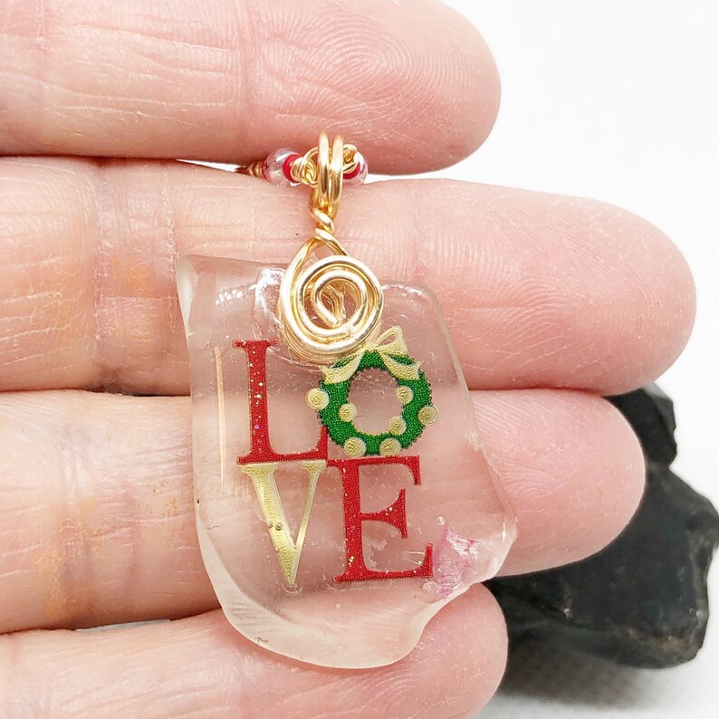 Love Necklace, Recycled Glass Pendant, Christmas Jewelry Etsy