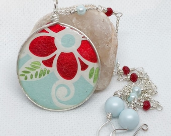 Red and Blue Flower Necklace, Recycled Paper Jewelry, Ice Resin Pendant