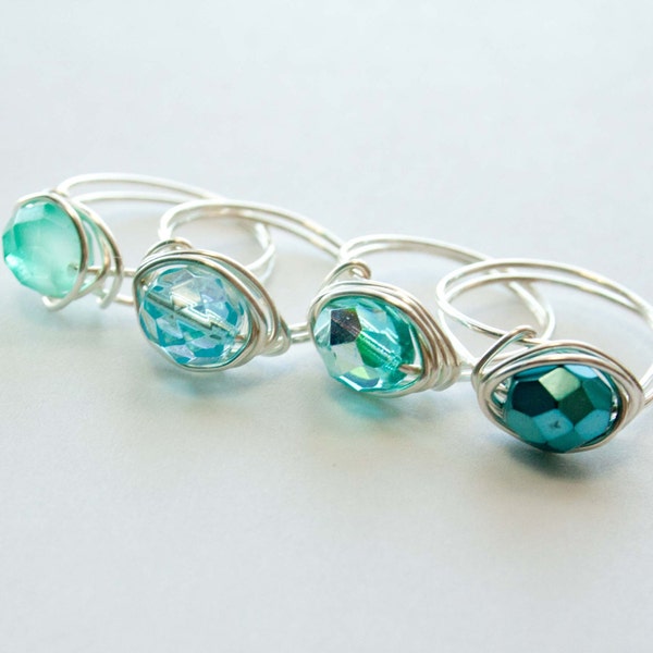 Aqua and Teal Crystal Wire Wrapped Ring, Bridesmaid Jewerly, Gifts under 10