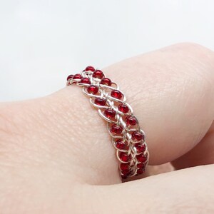 Red Braided Ring, Wire Wrapped Ring, Silver Ring Band