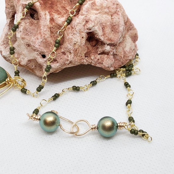 Olive Green and Gold Spiral Necklace, Polymer Clay Jewelry  display picture 2