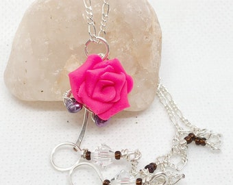 Hot Pink Polymer Clay Rose with Purple Freshwater Pearls on Silver Wire