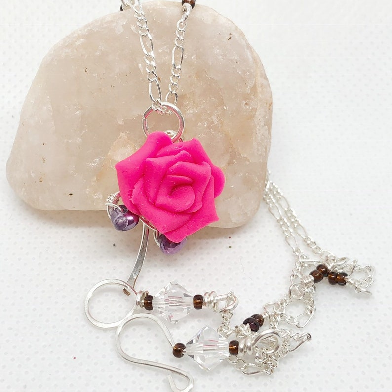 Hot Pink Polymer Clay Rose with Purple Freshwater Pearls on Silver Wire image 1