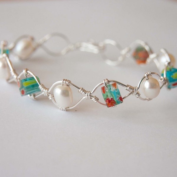 Teal Millifori and Freshwater Pearl Silver Bracelet, Gifts under 30