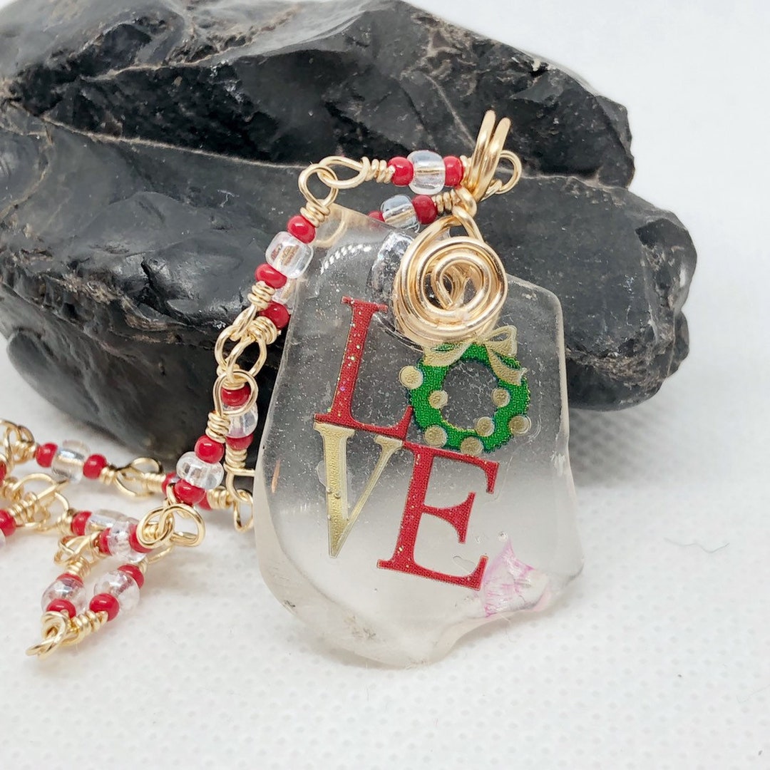 Love Necklace, Recycled Glass Pendant, Christmas Jewelry Etsy