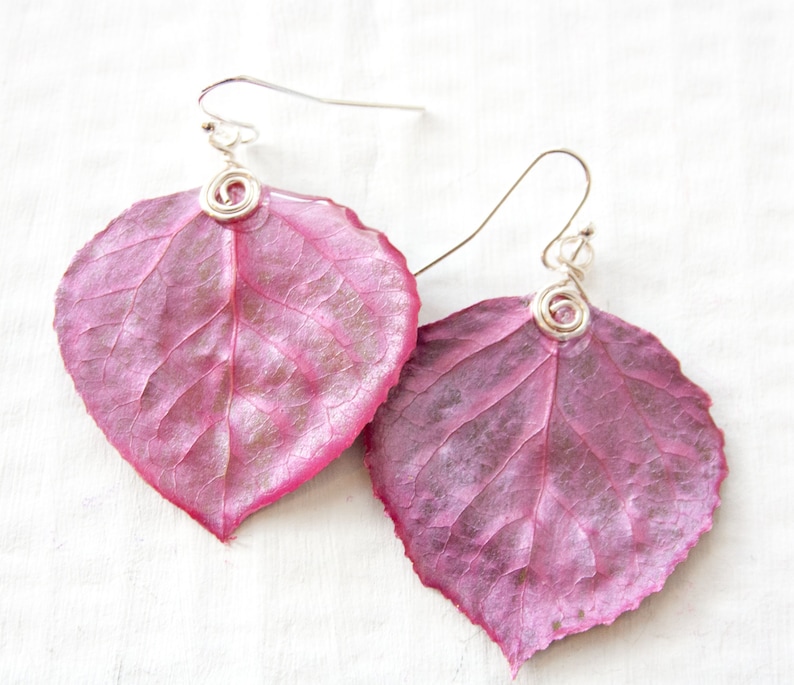 Aspen Leaf Earrings, Bridesmaid Jewelry, Magenta, Nature Jewelry image 1