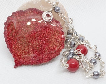 Glitter Red Aspen Leaf Necklace, Bridesmaid Necklace, Nature Jewelry