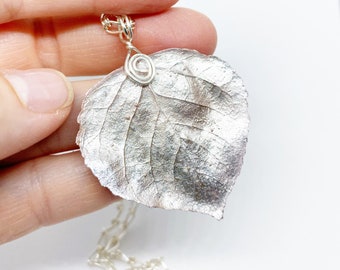 Antique Silk Aspen Leaf Pendant, Bridesmaid Necklace, Nature Necklace