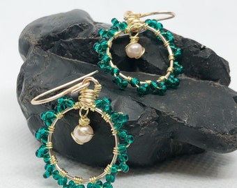 Emerald Floral Hoops, Gold Wire Wrapped Earrings