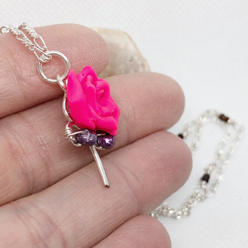 Hot Pink Polymer Clay Rose with Purple Freshwater Pearls on Silver Wire image 4