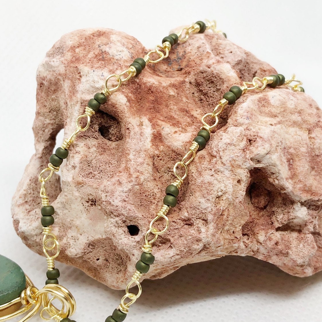 Olive Green and Gold Spiral Necklace, Polymer Clay Jewelry  display picture 3
