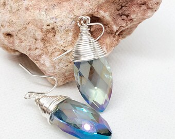 Wire Wrapped Faceted Crystal Earrings, Silver Plated Wire Jewelry