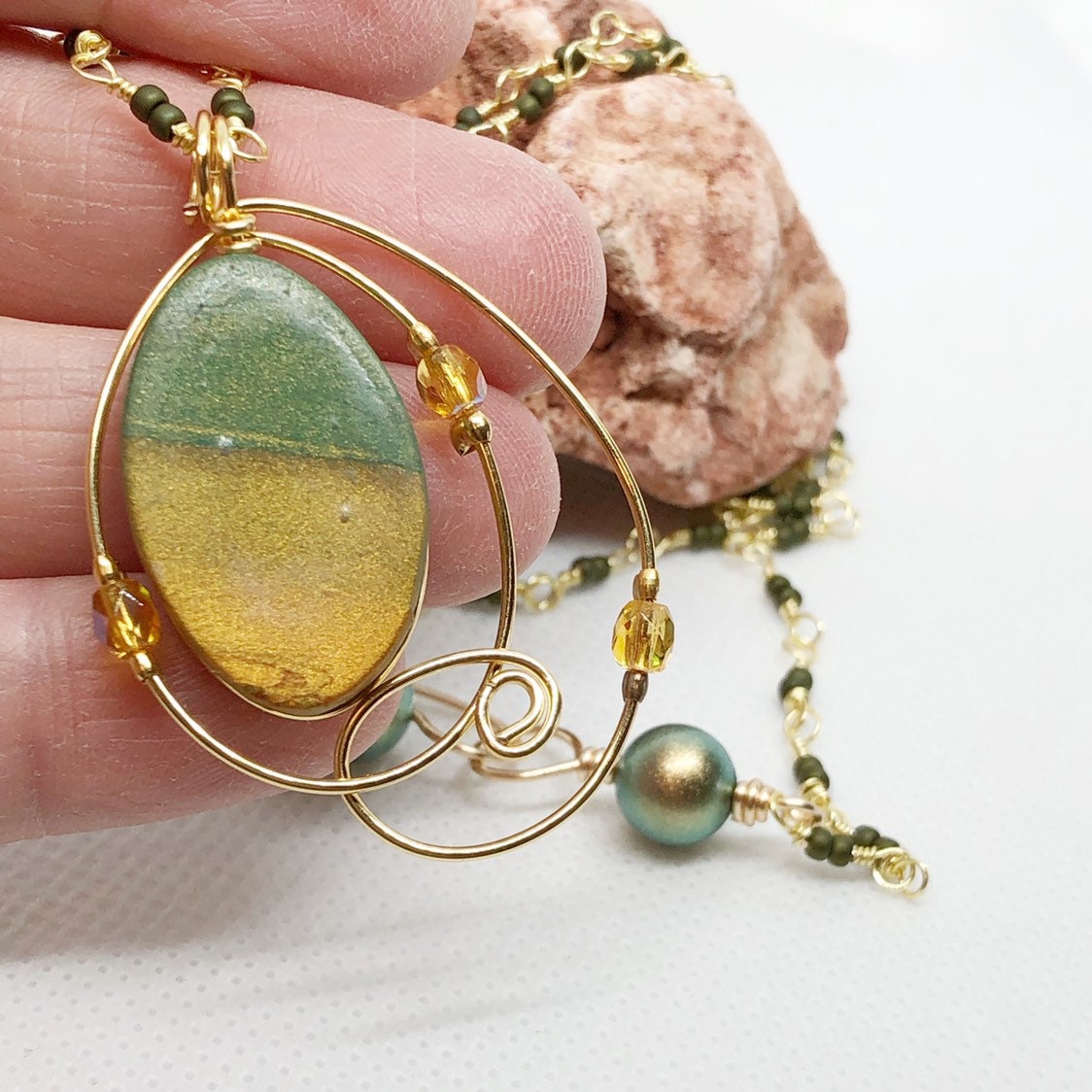 Olive Green and Gold Spiral Necklace, Polymer Clay Jewelry  display picture 1