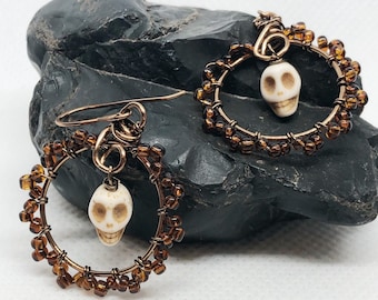 Bone Skull Hoops, Antique Bronze Wire Wrapped Earrings, Halloween Jewelry