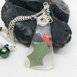 Holly Necklace, Recycled Glass Jewelry, Christmas Necklace