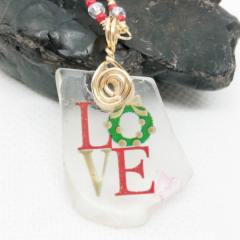 Love Necklace, Recycled Glass Pendant, Christmas Jewelry Etsy