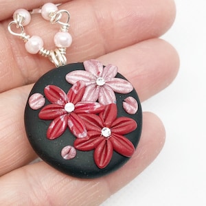 Red and Rose Pink Flower Polymer Clay Necklace, Swarovski Crystal
