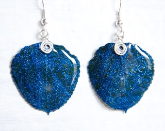 Aspen Leaf Earrings, Blue Glitter Earrings, Bridesmaid Jewelry