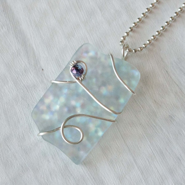 Glitter Seaglass Pendant, Silver Wire Wrap Jewelry, Recycled Glass