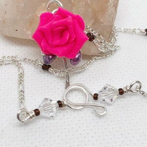 Hot Pink Polymer Clay Rose with Purple Freshwater Pearls on Silver Wire image 2