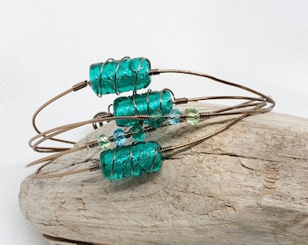 Teal Bangle Cuff, Bronze Wire Wrapped Jewelry, Crystal Jewelry