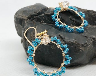 Blue Floral Hoops, Gold Wire Wrapped Earrings,  Swarovski Crystal Jewelry