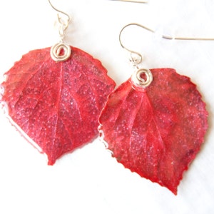 May include: A pair of earrings featuring real pressed leaves with a red, sparkly finish. The leaves are attached to silver hooks.