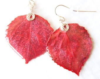 Red Aspen Leaf Earrings, Bridesmaid Earrings, Nature Jewelry