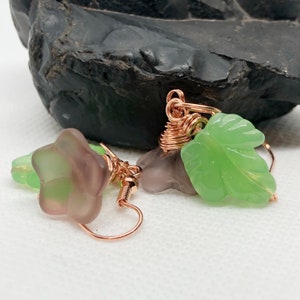 Purple Flower Earrings, Wire Wrapped Copper Jewelry