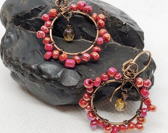 Red Floral Hoops, Antique Bronze Wire Wrapped Earrings