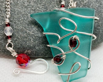 Teal Sea Glass Necklace, Silver Wire Wrap Pendant, Red Crystal Jewelry