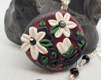 Red and White Flower Polymer Clay Necklace, Swarovski Crystal Jewelry