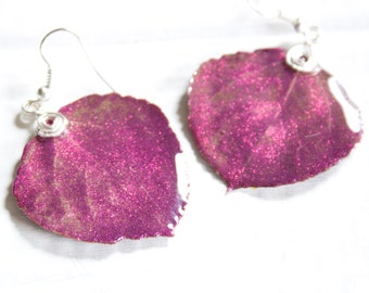 Magenta Glitter Aspen Leaf Earrings, Bridesmaid Jewelry