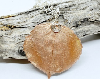 Rose Copper Aspen Leaf Pendant, Bridesmaid Necklace, Nature Necklace