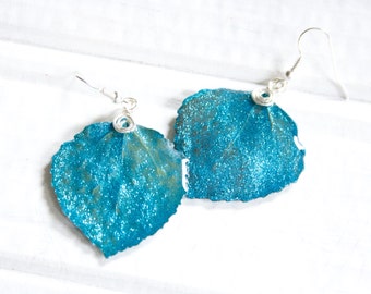 Turquoise Glitter Aspen Leaf Earrings, Bridesmaid Earrings