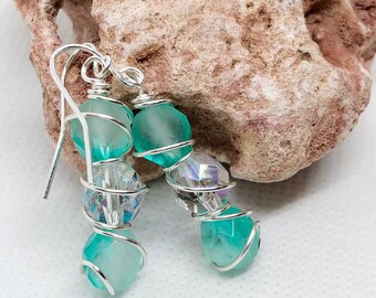 Aquamarine and Frost Wire Wrapped Earrings, Silver Plated Wire Jewelry