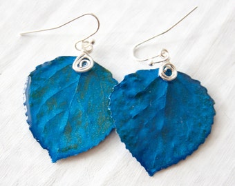 Cobalt Aspen Leaf Earrings, Bridesmaid Jewelry, Nature Earrings