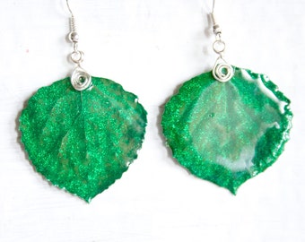 Aspen Leaf Earrings, Green Glitter Jewelry, Bridesmaid Gift
