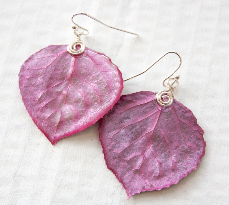 Aspen Leaf Earrings, Bridesmaid Jewelry, Magenta, Nature Jewelry image 2