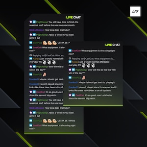 以下が含まれることがあります： ライブチャットインターフェースを表示する、緑色の縁取りがされた2つの重なり合うウィンドウ。チャットには、"LIVE CHAT"、"ULTRA SETT"などのテキストや、"PogChamp"や"CoolCat"などのユーザー名を含む、ユーザーのコメントやリアクションが含まれています。背景は、黄色のアクセントが付いた濃い緑色です。
