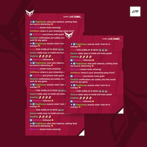 May include: Two digital overlay designs with a dark red background and white text. The text includes phrases like "LIVE CHAT" and user comments. The overlays feature a stylized logo in the top left corner.