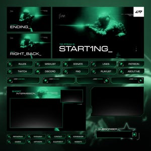 以下が含まれることがあります： ライブストリーミング用のデジタルオーバーレイデザイン。暗い背景にネオングリーンのアクセントが施されています。「ENDING」、「RIGHT_BACK_」、「START1NG_」とラベル付けされたセクションと、さまざまなストリーミング機能のボタンが含まれています。全体的なテーマは未来的で、技術志向です。