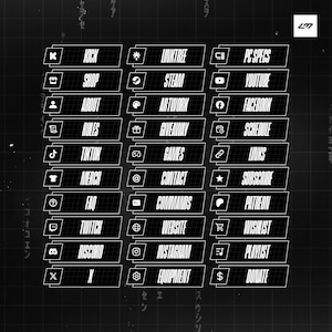 May include: A black and white graphic with various text labels for online content creators. Labels include "Kick", "Shop", "About", "Rules", "Tiktok", "Merch", "FAQ", "Twitch", "Discord", and "X". Other labels include "Linktree", "Steam", "Artwork", "Giveaway", "Games", "Contact", "Commands", "Website", "Instagram", and "Equipment".