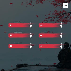 Op de afbeelding: Digitaal overlay-ontwerp met rode penseelstreepbanners en witte pictogrammen voor streamingwaarschuwingen. Bevat tekst voor abonnees, volgers, cheer, donatie, host en raid meldingen. Een Japans geïnspireerd thema met een donkere achtergrond.